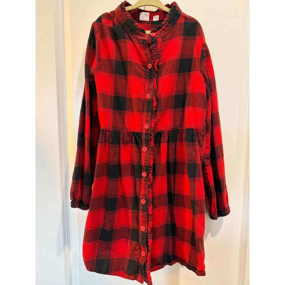 Gap Kids Red Black Buffalo Plaid Flannel Ruffle Button Front Dress Holiday M 7/8